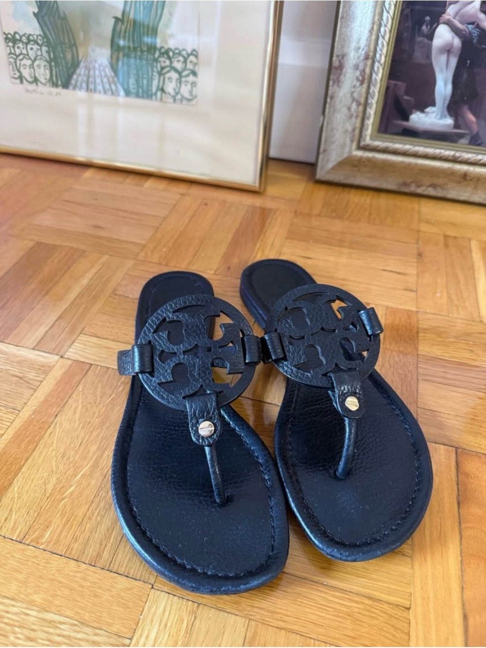 Tory Burch Black Leather Logo Thong Sandals